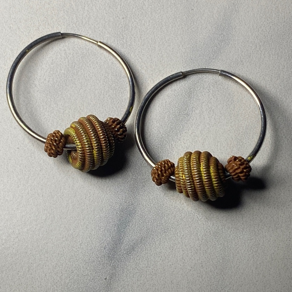 Sterling Silver Convertible Hoop Earrings with Gold and Brown Beads
